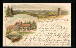 Lithographie Feldberg / Schwarzwald, Hotel-Pension Feldberger Hof, Landschaftsbild Mit Aussichtsturm Und Gebirge  - Feldberg