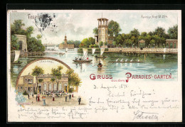 Lithographie Berlin-Treptow, Gasthaus Paradies-Garten Vom Wasser Gesehen, Tanzsaal-Gebäude Mit Garten  - Treptow