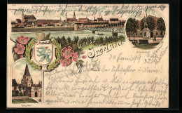 Lithographie Ingolstadt, Kriegerdenkmal, Panorama Mit Brücke, Kreuzthor, Wappen  - Ingolstadt