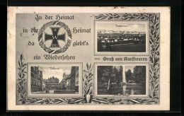 Passepartout-AK Kaufbeuren, Panorama, Rathaus, Jordan-Anlage, Eisernes Kreuz 1914  - Kaufbeuren