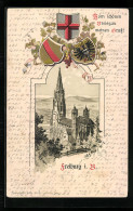 Passepartout-Lithographie Freiburg I. B., Kirche Aus Der Vogelschau, Wappen  - Sonstige & Ohne Zuordnung