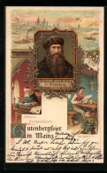 Lithographie Mainz, Ortsansicht, Portrait Johann Zu Gutenberg  - Other & Unclassified