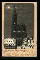 Winter-Lithographie Strassburg, Münster Bei Vollmond Im Winter  - Andere & Zonder Classificatie