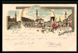 Lithographie Schwabach, Auf Der Fleischbrücke, Marktplatz Mit Kirche  - Schwabach