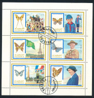 Planche De 6 Timbres Oblitérés FUJEIRA XI-6 Insectes : PAPILLONS Et SCOUTISME Baden Powell, Jamboree 1913-1929-145 - Gebruikt