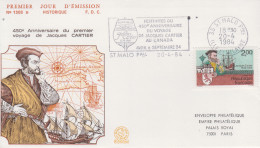 Enveloppe  FDC  Flamme  1er  Jour   FRANCE    450éme  Anniversaire   Voyage  De   Jacques  CARTIER    SAINT  MALO   1984 - 1980-1989