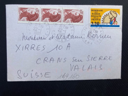 LETTRE Pour A SUISSE TP HARKIS 2,20 + LIBERTE 0,10 Bande De 3 OBL.22-1 1990 16 COGNAC CHARENTE - Brieven En Documenten