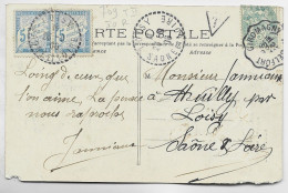TAXE 5C PAIRE C. PERLE LOISY 1906 SAONE ET LOIRE CARTE  DEFAUT + BLANC 5C REPLIE CONVOYEUR GIROMAGNY A BELFORT - Manual Postmarks