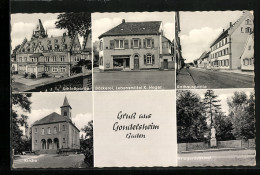 AK Gondelsheim /Baden, Bäckerei, Lebensmittel Heger, Rathauspartie, Kriegerdenkmal, Schlosspartie, Kirche  - Baden-Baden