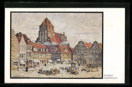 Künstler-AK Greifswald, Marktplatz Mit Marienkirche  - Greifswald