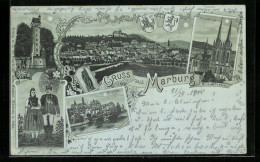 Mondschein-Lithographie Marburg /Lahn, Kaiser-Wilhelm-Turm, Elisabethkirche Und Paar In Tracht  - Marburg