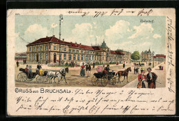 Lithographie Bruchsal, Kutschen Und Passanten Vor Dem Bahnhof  - Bruchsal