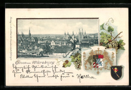 Passepartout-Lithographie Würzburg, Panorama Der Stadt, Geprägtes Wappen  - Other & Unclassified