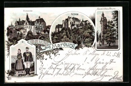 Lithographie Marburg, Universität, Schloss, Paar In Tracht  - Marburg
