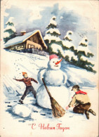 H2372 - Russische Glückwunschkarte Neujahr - Winterlandschaft Schneemann Snowman Kinder - New Year