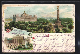 Lithographie Berlin-Tiergarten, Reichstag Mit Siegessäule, Brandenburger Tor Mit Fontäne  - Dierentuin