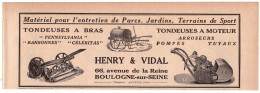 1932 - Publicité - Matériel Pour Jardin Henry Et Vidal à Boulogne-sur-Seine (Hauts-de-Seine) - Publicités