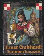 Reklamemarke Essigprodukte Von Ernst Gebhardt, Sommerhausen, Fräulein In Tracht Hält Glas Und Flasche  - Erinofilia