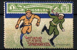 Reklamemarke Verlangt Unsere Sparmarken, Rabattsparverein Augsburg, 1 Mark, Zwei Männer Laufen Schlittschuh  - Erinnophilie