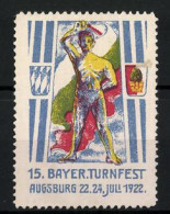 Reklamemarke Augsburg, 15. Bayer. Turnfest 1922, Sportler Mit Flagge Und Wappen  - Erinnophilie