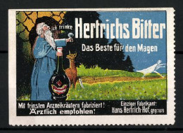 Reklamemarke Hertrichs Bitter - Das Beste Für Den Magen, Fabrikant Hans Hertrich, Hof, Einsiedler Mit Glas Und Flasche  - Erinnofilie