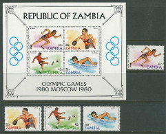 Zambia 1980 Olympic Games Moscow, Athletics, Football Soccer, Boxing, Swimming Set Of 4 + S/s MNH - Summer 1980: Moscow