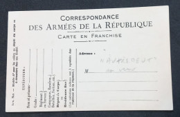 Carte De Franchise Militaire Officielle Modèle A2 Carton Blanc Variété "autremeut" Au Lieu De "autrement" - Briefe U. Dokumente