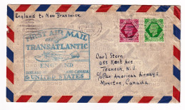 Lettre 1939 England First Air Mail Transatlantic Canada Teaneck New Jersey Moncton New Brunswick - Storia Postale