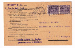 1923 Paire Albert Ier 15 Centimes Belgique Pharmacie Bruxelles Marc Bernheim Vittel Vosges Pruvost Pharmacien - 1915-1920 Alberto I