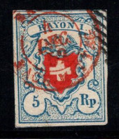 Suisse 1851 Mi. 9 Oblitéré 100% 5 Rp, RAYONNE, Cimier - 1843-1852 Timbres Cantonaux Et  Fédéraux