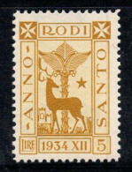 Égéen 1935 Sass. 98 Neuf ** 100% 5 L, Non Délivré,Année Sainte,Cerf, - Egée