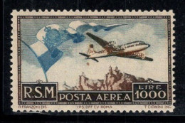 Saint-Marin 1951 Sass. 99 Neuf * MH 100% Poste Aérienne 1000 L, Avion Battant Pavillon - Unused Stamps