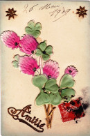 Carte Fantaisie - AMITIE - 1909 - Fleurs En  Rajout Et Brillants - Andere & Zonder Classificatie