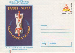 ROMANIA 060y1999: CHARITABLE BLOOD DONATION - 50 YEARS, Unused Prepaid Postal Stationery Cover - Registered Shipping! - Ganzsachen