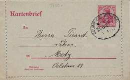 37123# ENTIER POSTAL CARTE LETTRE GERMANIA Obl COLMAR ELS METZERAL BAHNPOST ZUG 2171 1913 BAS RHIN METZ MOSELLE - Cartas & Documentos