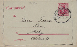 37123# ENTIER POSTAL CARTE LETTRE GERMANIA Obl COLMAR ELS METZERAL BAHNPOST ZUG 2171 1913 BAS RHIN METZ MOSELLE - Storia Postale