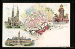 Lithographie Wien, Votivkirche, Rathhaus, Stadtplan Der Umgebung  - Other & Unclassified