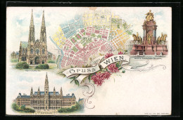 Lithographie Wien, Votivkirche, Rathhaus, Stadtplan Der Umgebung  - Autres & Non Classés