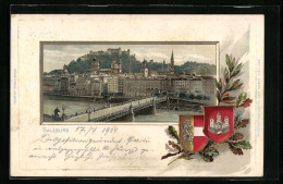 Lithographie Salzburg, Wappen Und Flusspartie Mit Brücke  - Sonstige & Ohne Zuordnung