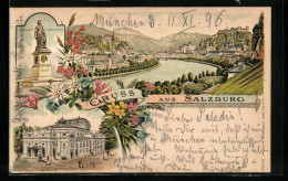 Lithographie Salzburg, Mozart-Denkmal Und Stadttheater  - Sonstige & Ohne Zuordnung