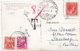 37132# CARTE POSTALE BEAUFORT ECHTERNACH TIMBRE LUXEMBOURG VALEUR NULLE TAXE GERBE Obl STRASBOURG BAS RHIN 1952 - Cartas & Documentos