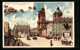 Künstler-Lithographie Theodor Guggenberger: München, Ludwigstrasse Mit Feldherrenhalle, Theatinerkirche Und Strassen  - Other & Unclassified