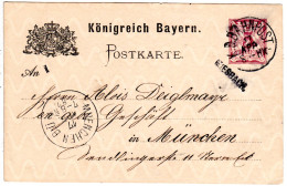 Bayern 1887, L1-Stationsstempel MIESBACH Auf 5 Pf. Ganzsache M.Bahnpost S--HK - Covers & Documents