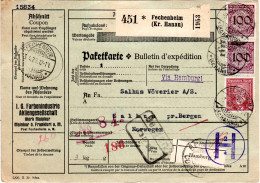 DR 1926, 60+2x100 Pf. Auf Paketkarte V. Fechenheim Via Hamburg N. Norwegen  - Cartas & Documentos