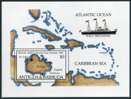 Antigua 889, MNH. Mi 898 Bl.100. Queen Elizabeth II Visit, 1985. Map, BRITANNIA. - Antigua Et Barbuda (1981-...)