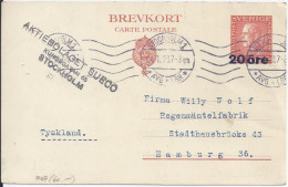 Schweden 1923, 20 öre Überdruck Ganzsache Gebr. N. Deutschland. P47 (60.-) - Other & Unclassified