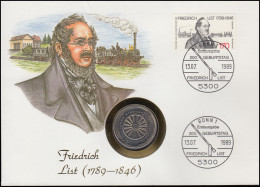 Numisbrief Friedrich List, Eisenbahn 5 DM / 170 Pf., ESST Bonn 13.7.1989 - Coin Envelopes