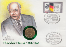 Numisbrief Theodor Heuss, 2 DM / 100 Pf., SST Bonn 29.10.1989 - Enveloppes Numismatiques