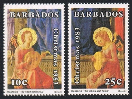 Barbados 617-618, 619, MNH.Mi 597-598,Bl.16. Christmas 1983. Angel, By Masaccio. - Barbades (1966-...)