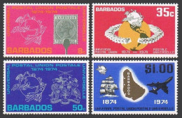 Barbados 412-415, MNH. Michel 381-384. UPU-100, 1974. Globe, Arms, Ship, Jet. - Barbados (1966-...)